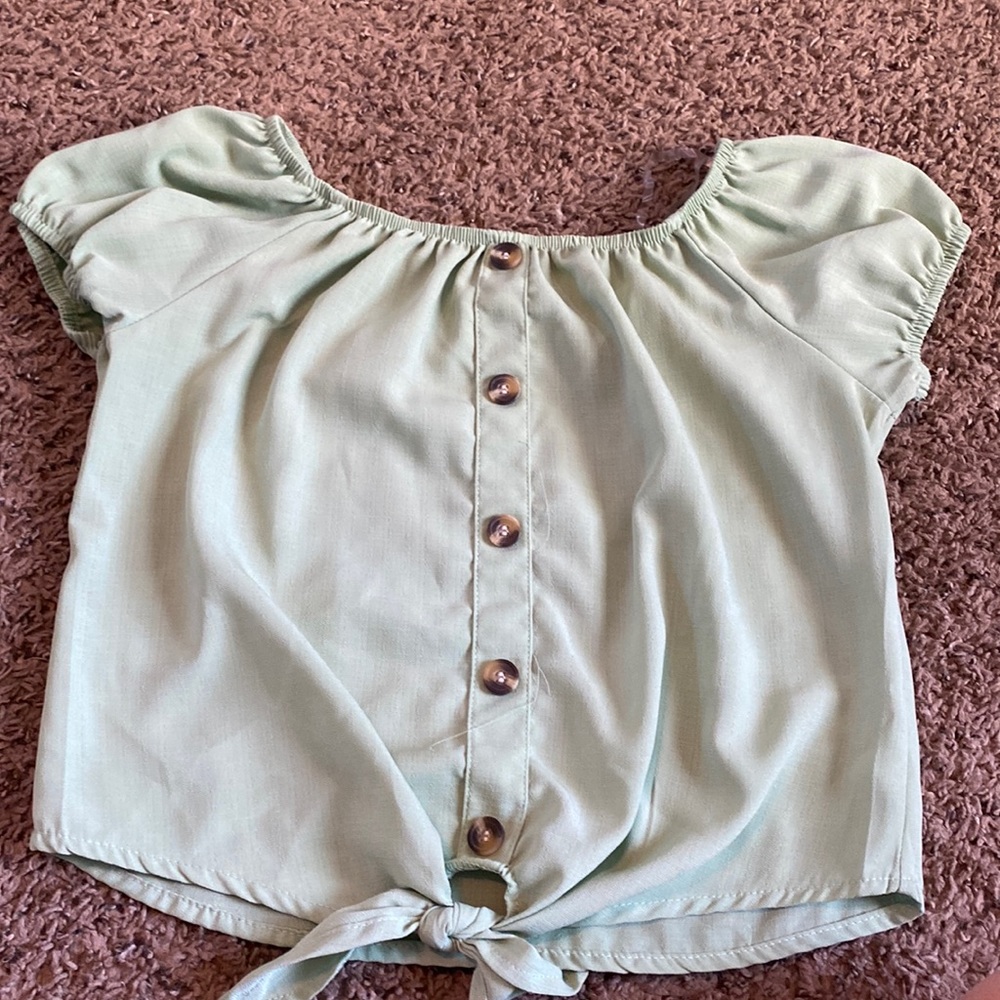 Sage Green blouse tie at end buttons going down middle